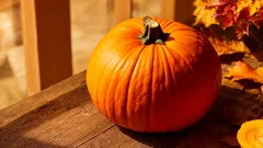 Zucca arancione su tavolo di legno durante autunno con foglie cadute